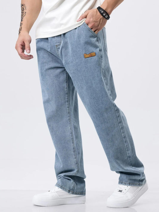 Men'S Drawstring Elastic Waist Jeans, Washed Vintage Light Wash Straight Leg Plain Denim Jeans, Comfortable Fitted Style, Casual Daily Wear Pants